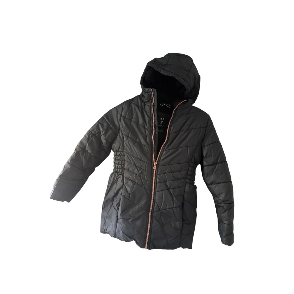 Under Armour Girls ColdGear Black Puffer Jacket Sherpa Lined Rose Gold Zip YSM